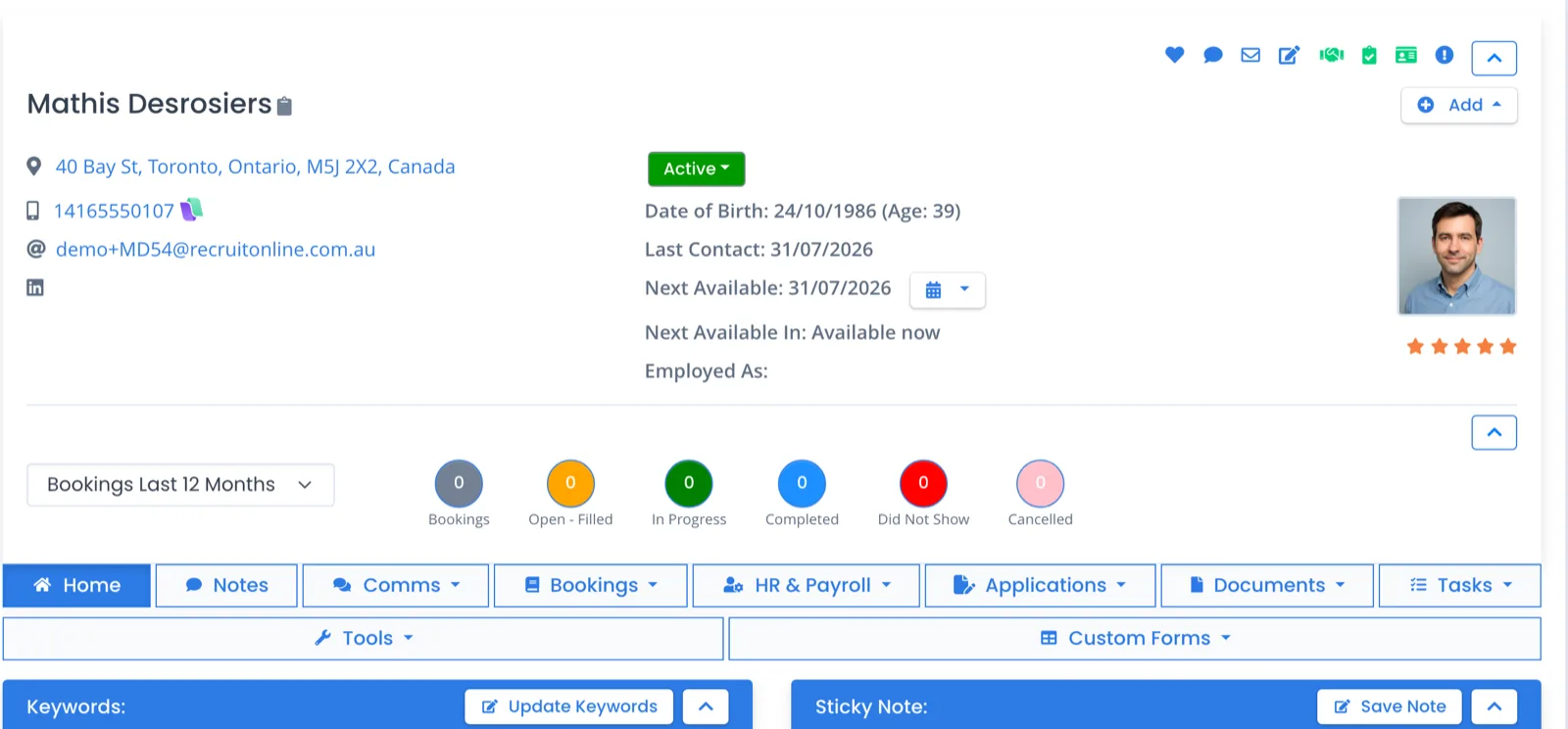 A candidate record in RecruitOnline: profile, availability, booking history and compliance tabs