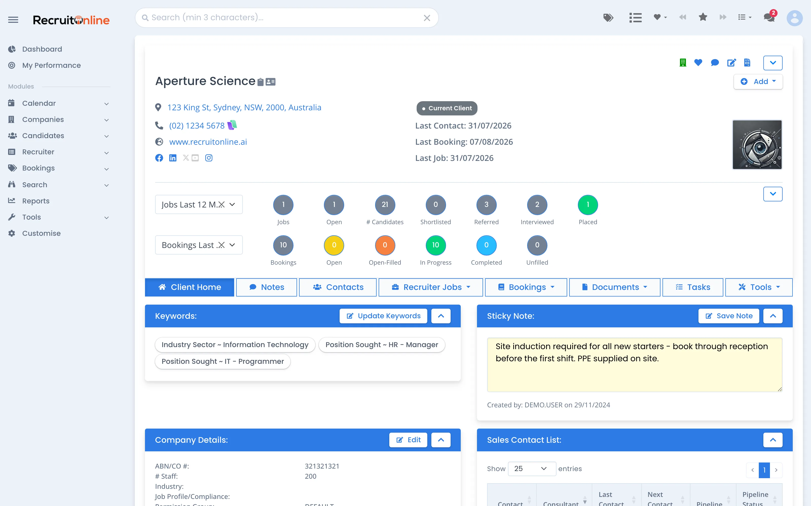 A client record in RecruitOnline: jobs, candidates, shortlists and bookings at a glance, with keywords, company details and sales contacts