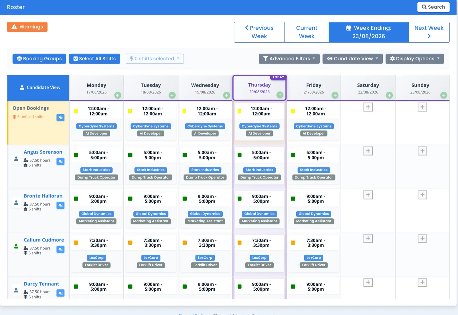 The roster board: a week of shifts by day with filled and open bookings across clients